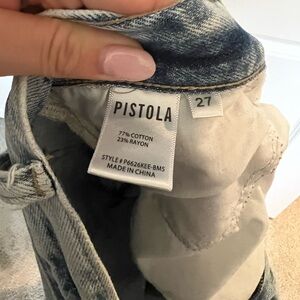 Women’s straight leg 27 pistola distressed denim.